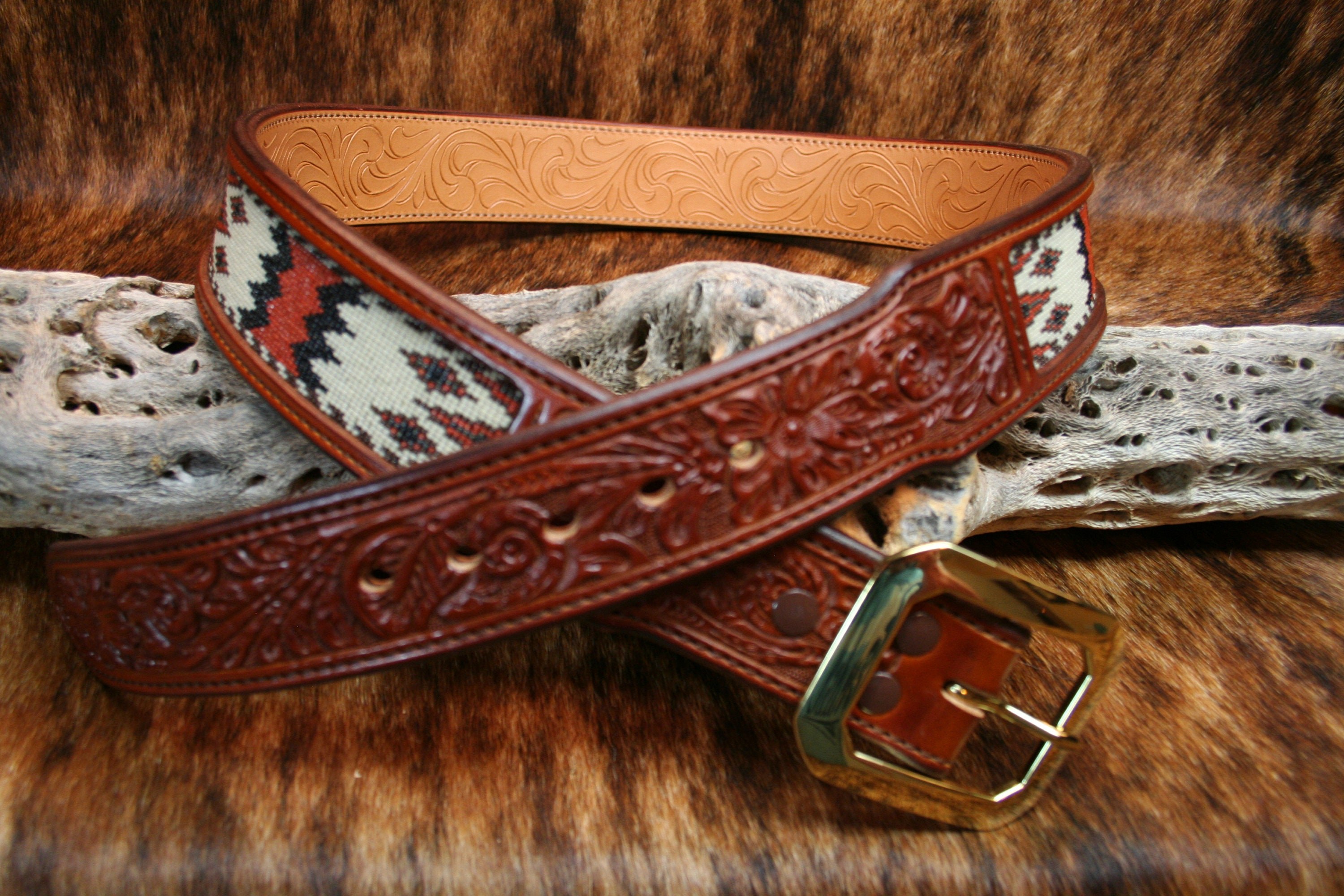 Hand-tooled Western Leather Belt,"Heritage Trails"