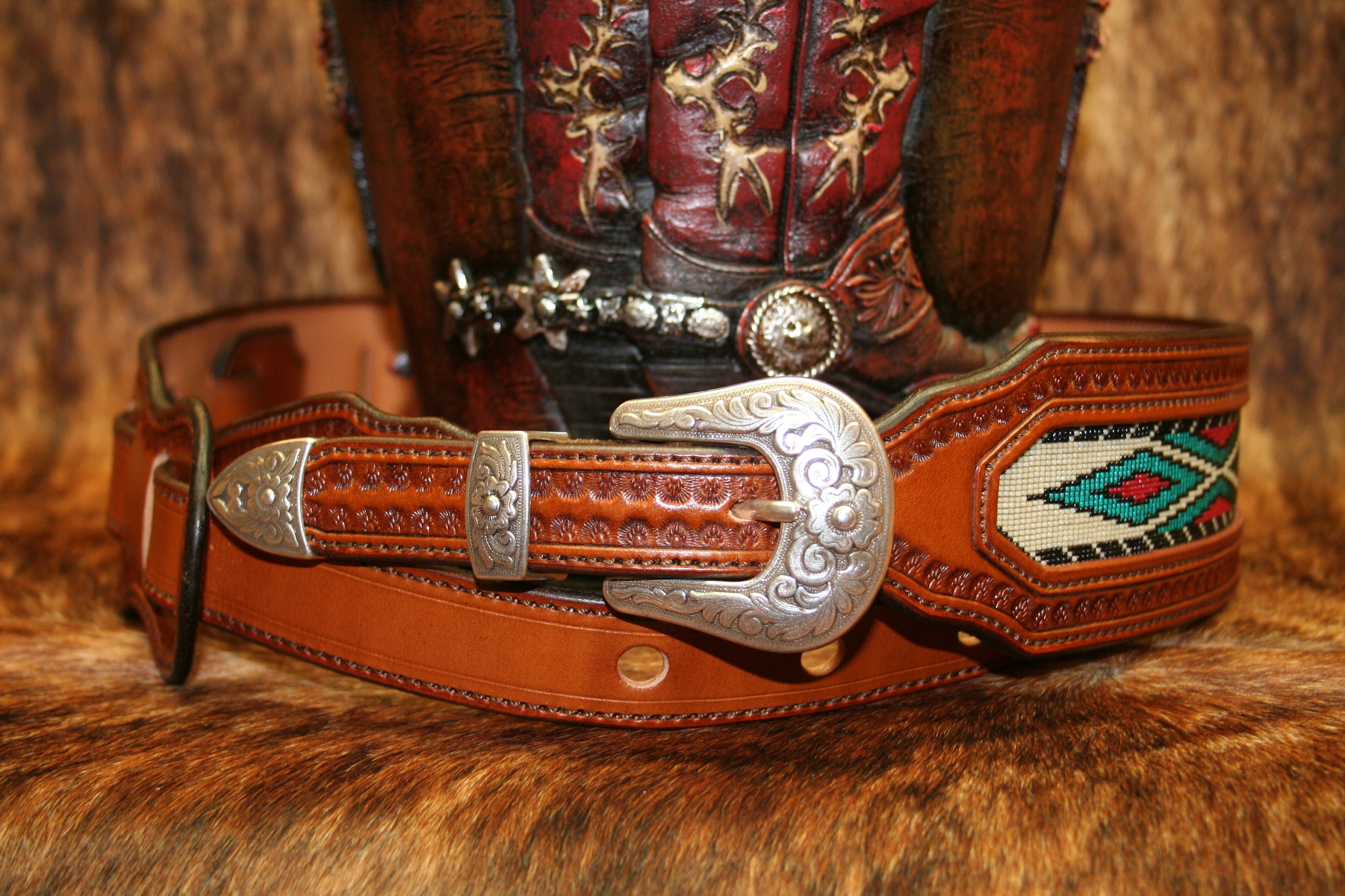 Leather Guitar Strap, Beaded, Titled HH1
