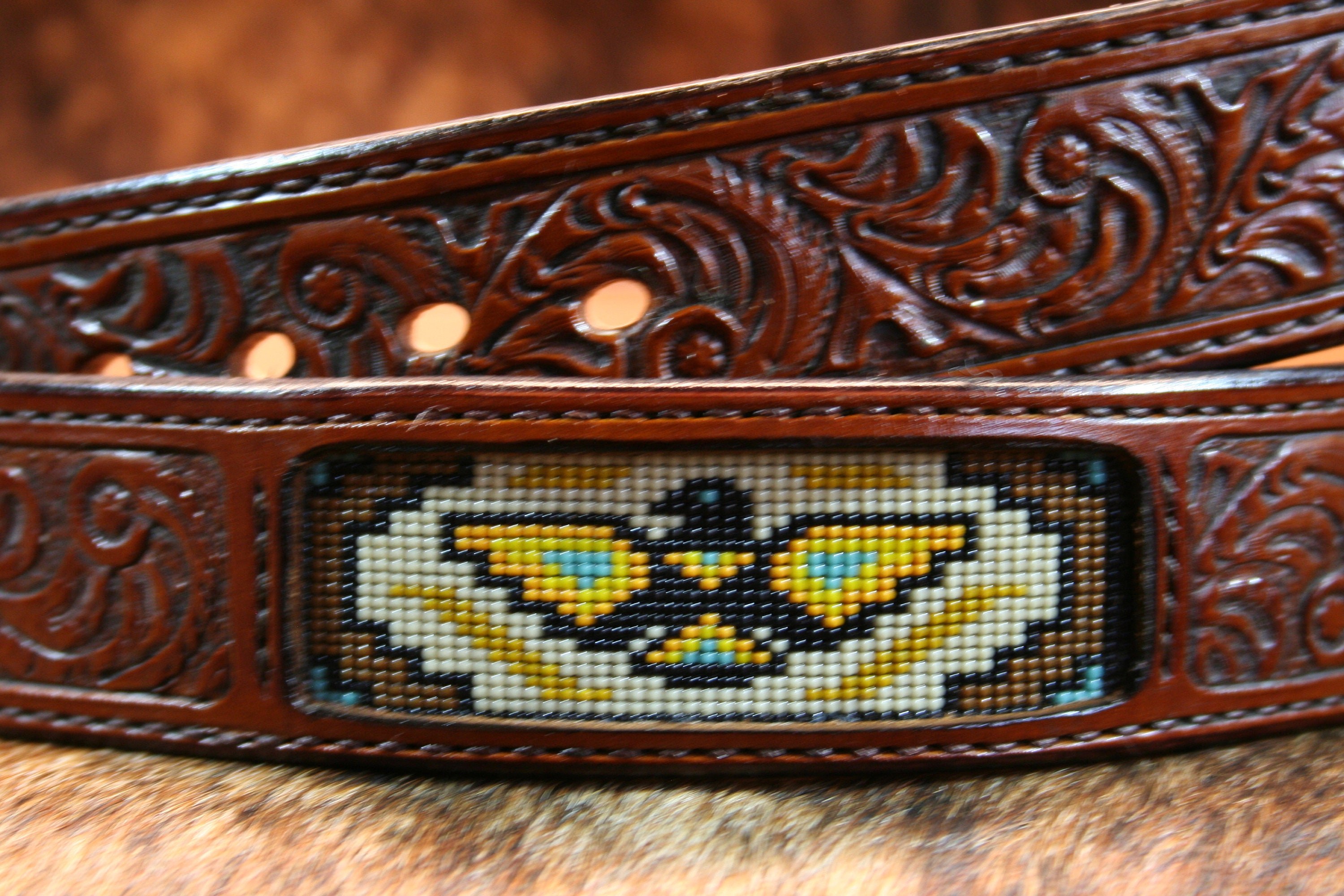 Thunderbird Beaded And Carved Leather Belt