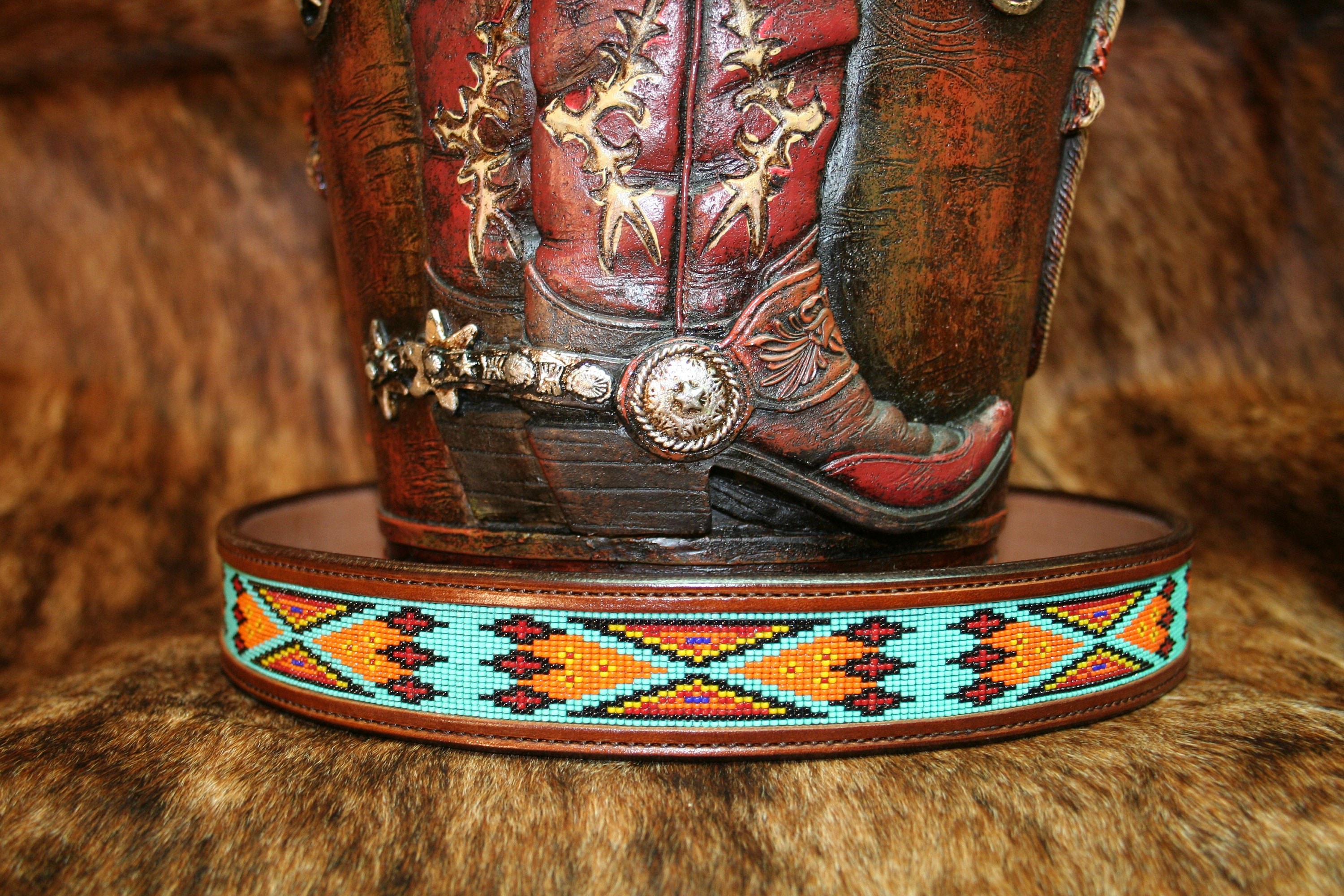 Desert Bloom Beaded Hermann Oak Leather Dog Collar - Southwestern Turquoise Beadwork - Western Style Neckwear.