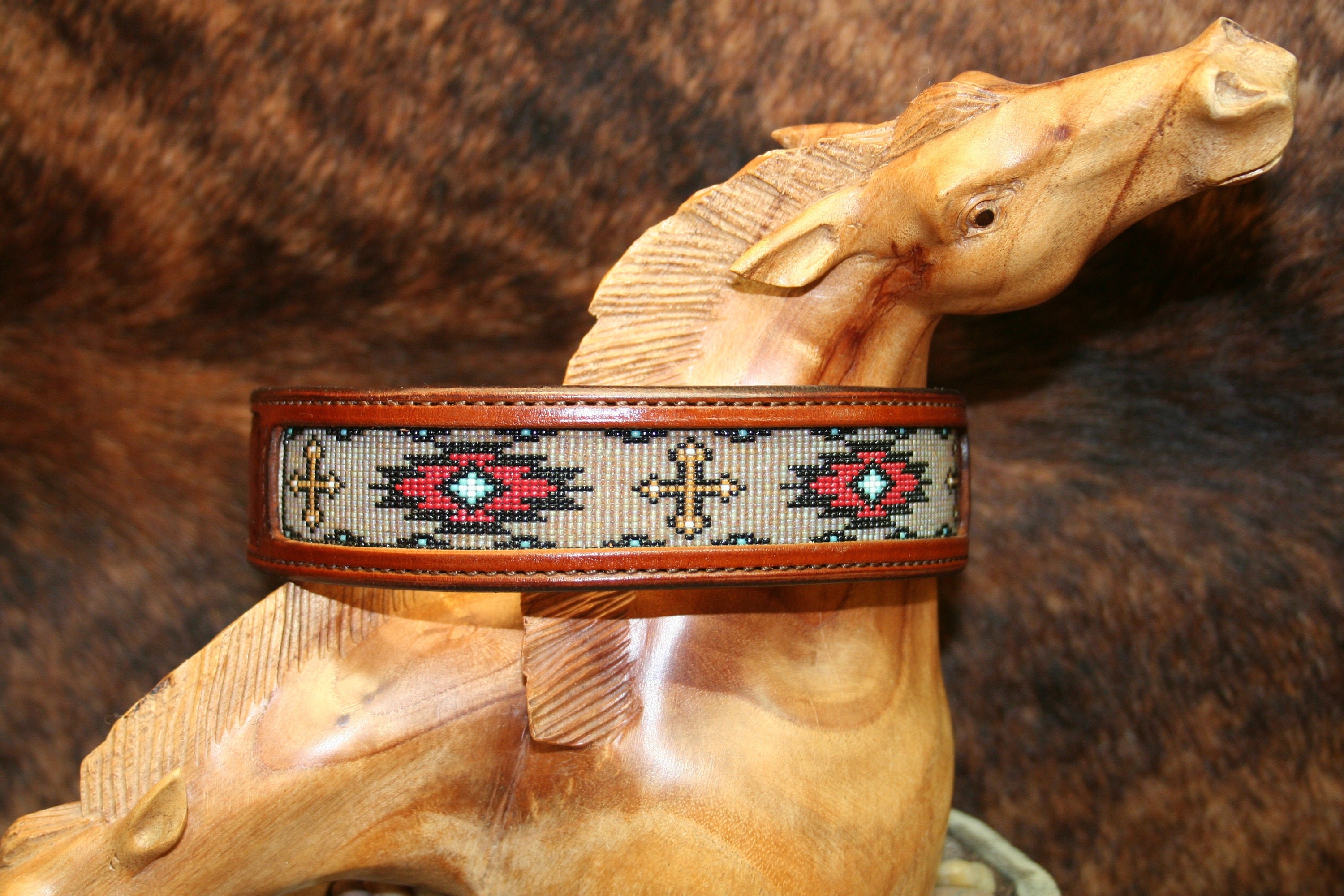 Custom Hand-Woven Beaded Leather Dog Collar - Southwestern Gold Field Design - Hermann Oak Leather