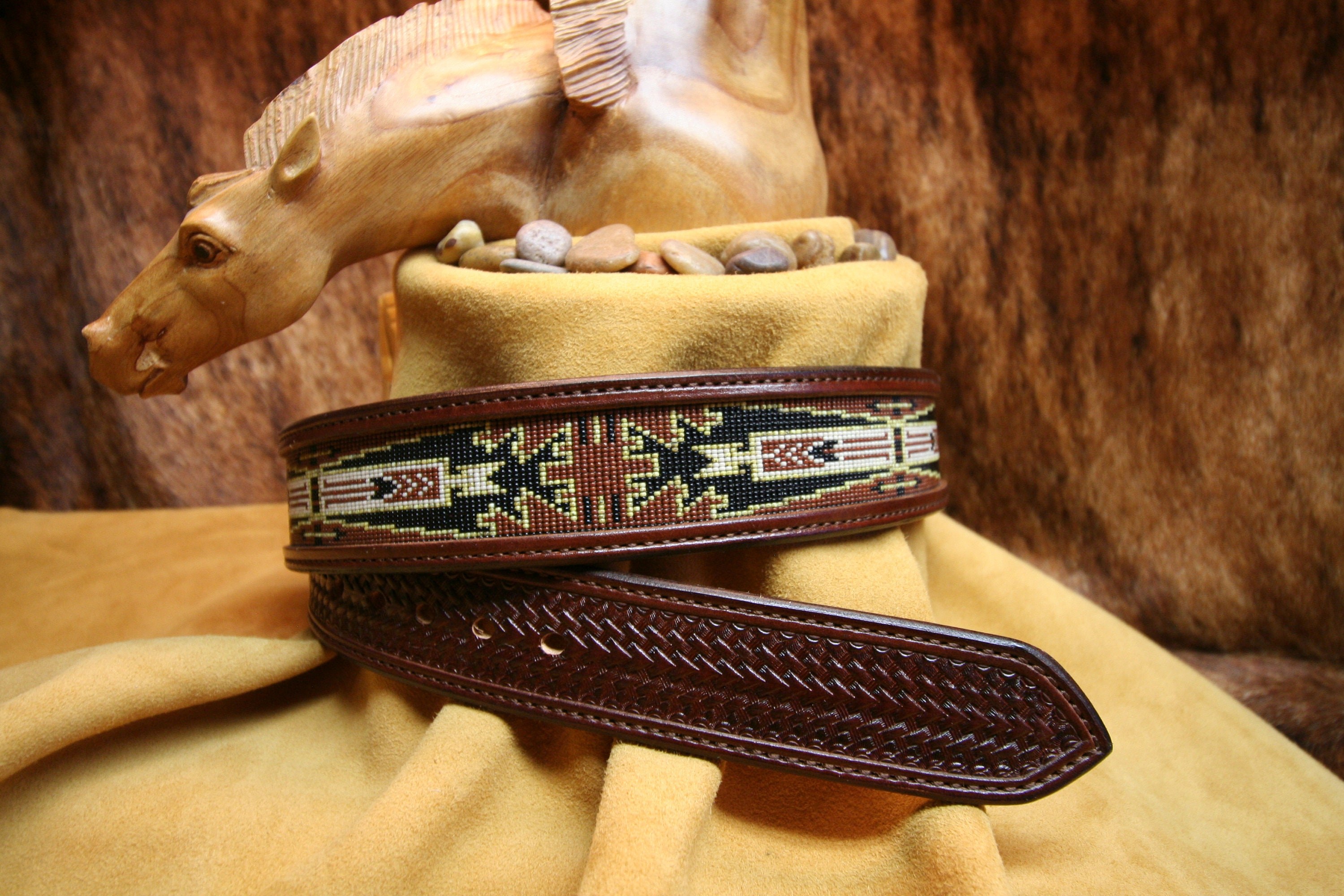 Handmade Leather Beaded Belt Titled Horse Thieves 1 IN STOCK size 36