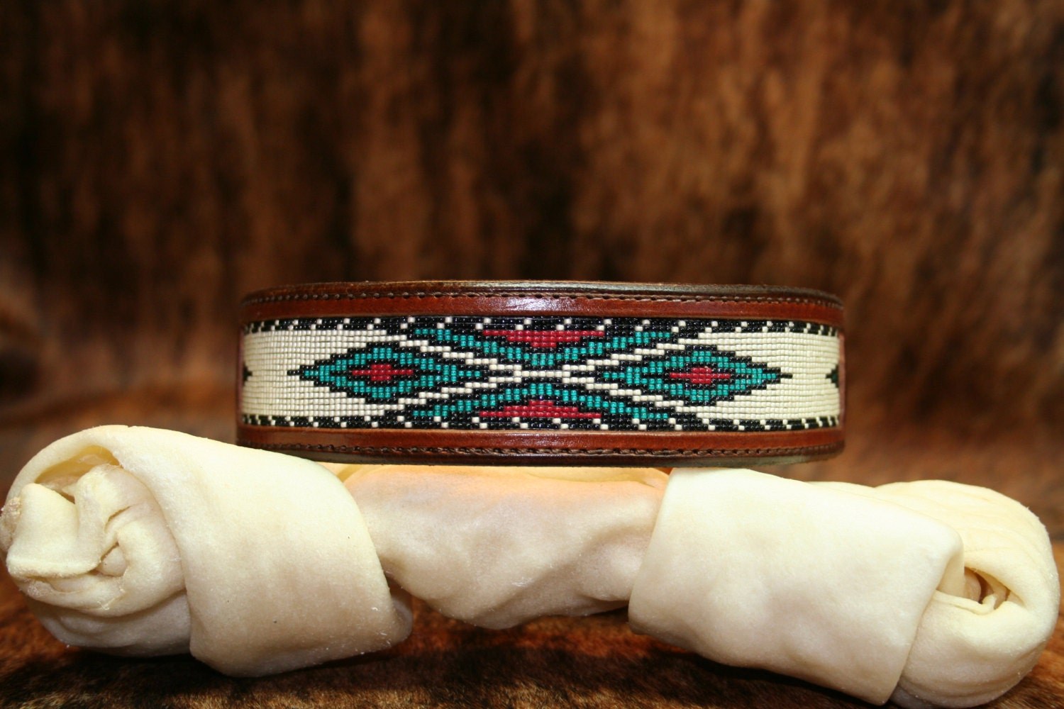 Handmade Beaded Leather Dog Collar-Desert Skies-Southwest Turquoise & Hermann Oak Leather-Custom Tooled Western Pet Collar