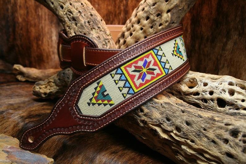 Artisan Handcrafted Lakota Beaded Guitar Strap – Premium Hermann Oak Leather