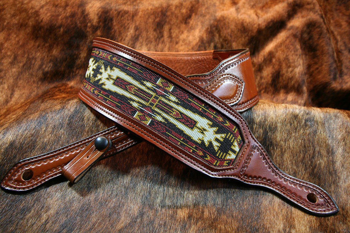 Custom Handmade Padded Leather Guitar Strap – Beaded “Horse Thieves” Design