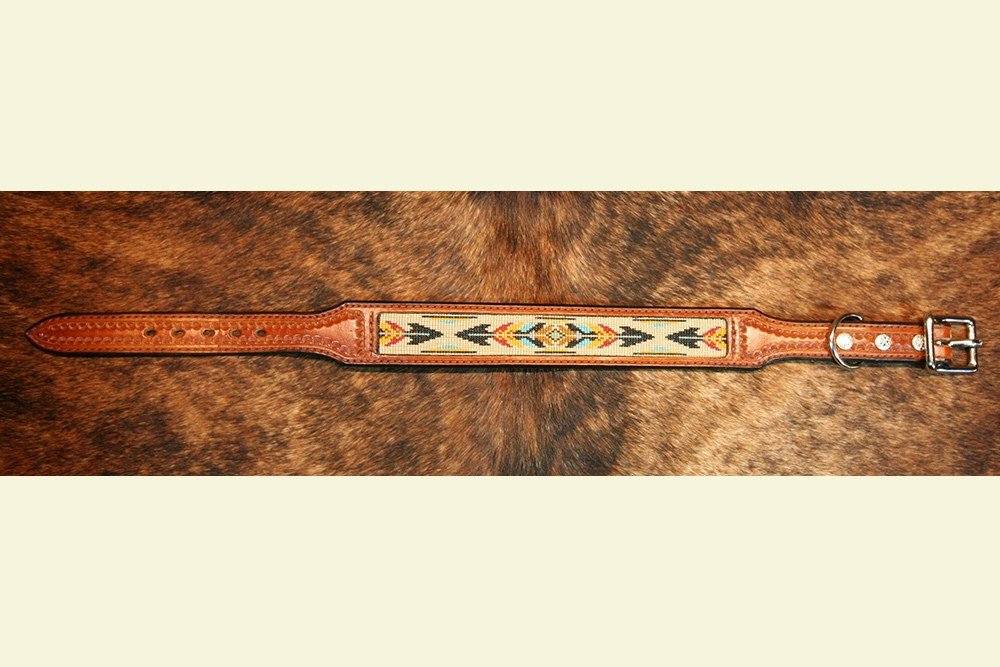 Tribal Feather Beaded Leather Dog Collar