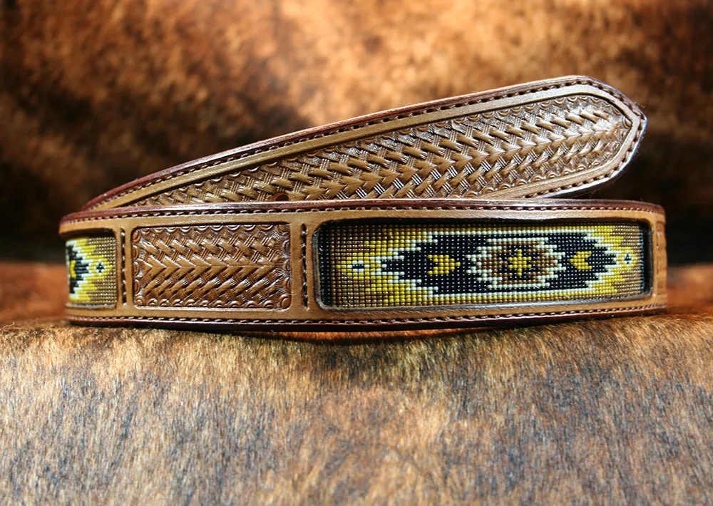 Aztec Designed Beaded Leather Belt