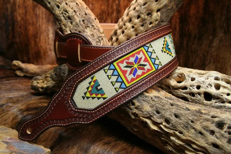 Artisan Handcrafted Lakota Beaded Guitar Strap – Premium Hermann Oak Leather
