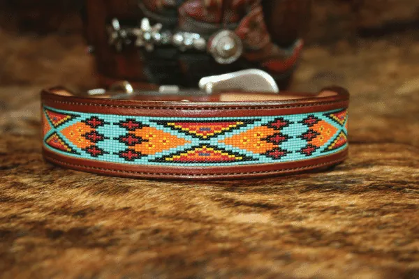 Desert Bloom Turquoise Beaded Leather Dog Collar