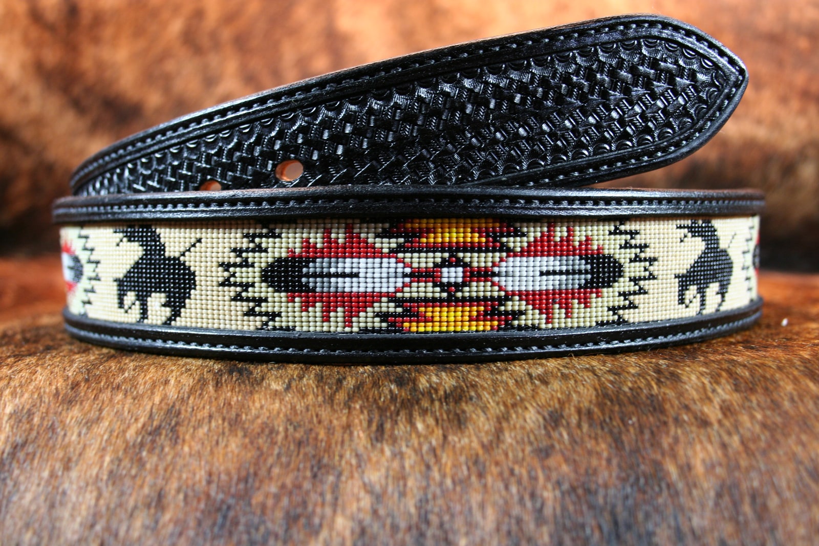 End of the Trail beaded leather belt with Native American horse-and-rider and geometric beadwork