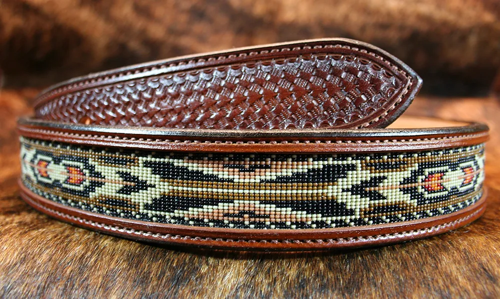Frontier Feather Beaded Leather Western Belt
