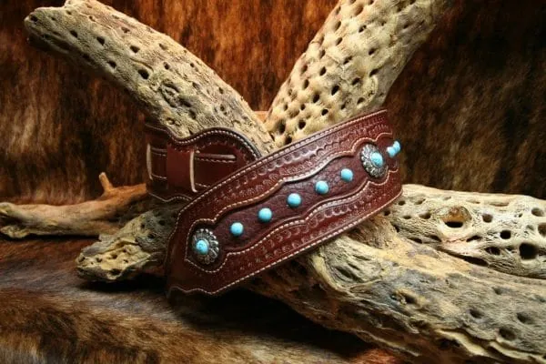 The High Desert Custom Leather Guitar Strap with Inlaid Turquoise Studs & Silver Conchos