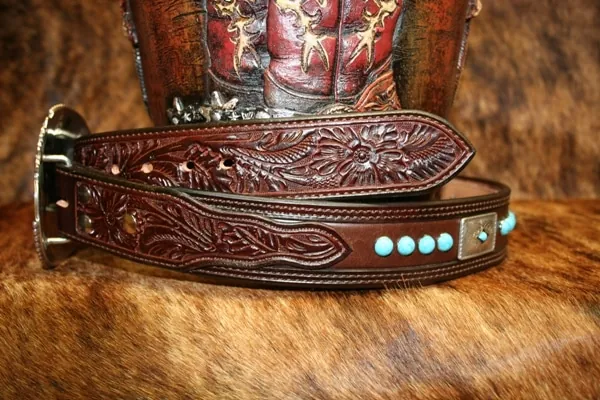 Leather Belt with Carved Billets and Turquoise Conchos & Rivets