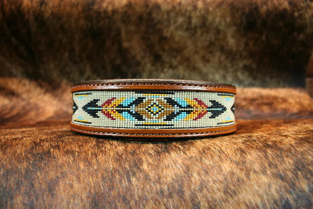 Tribal Feather Beaded Leather Dog Collar