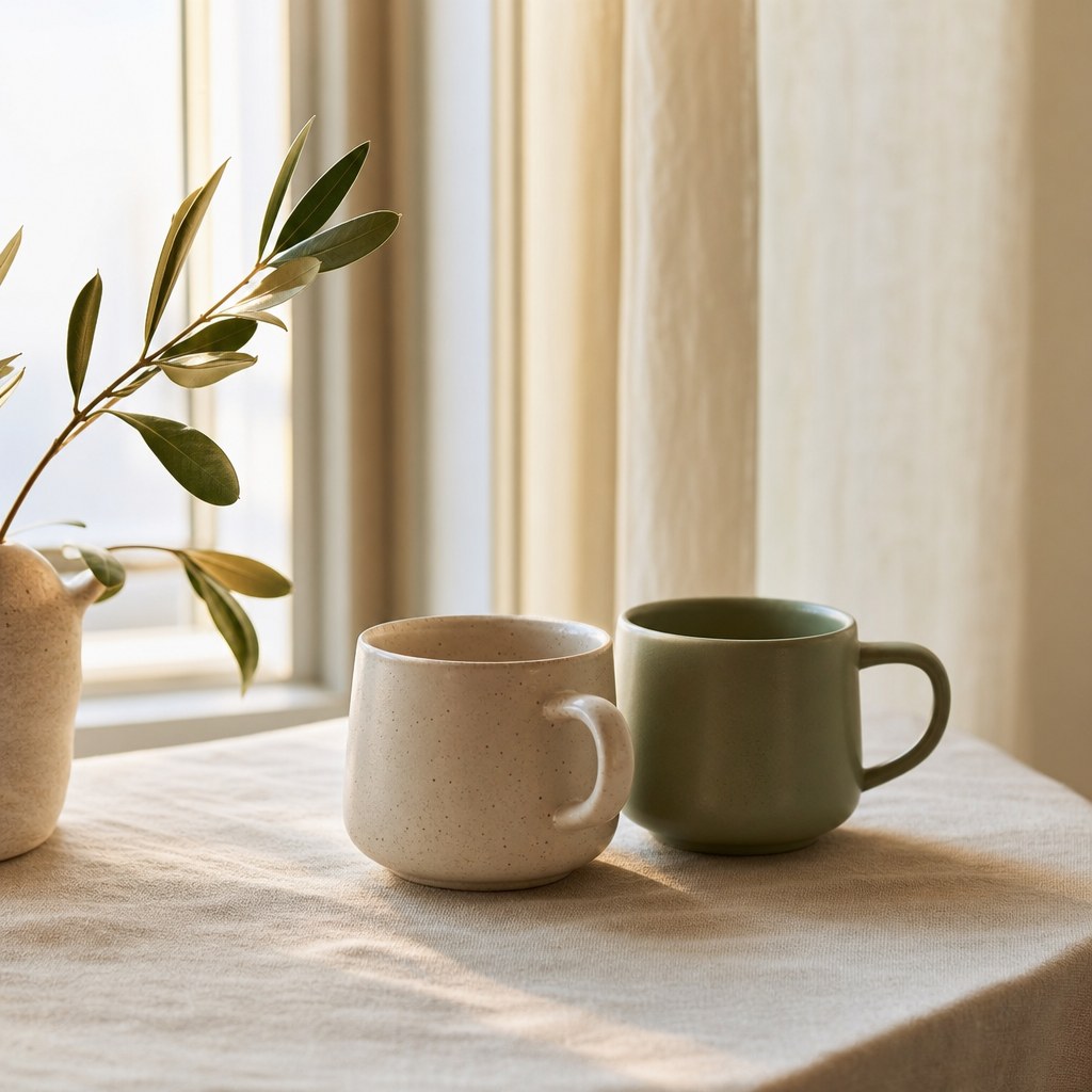 Two ceramic mugs beside a sunlit window