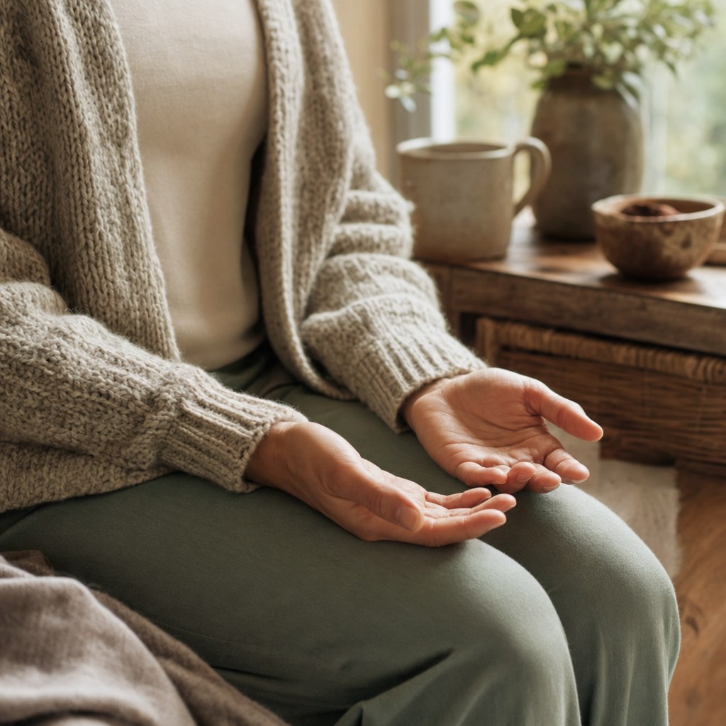Open hands resting calmly on a lap near a window