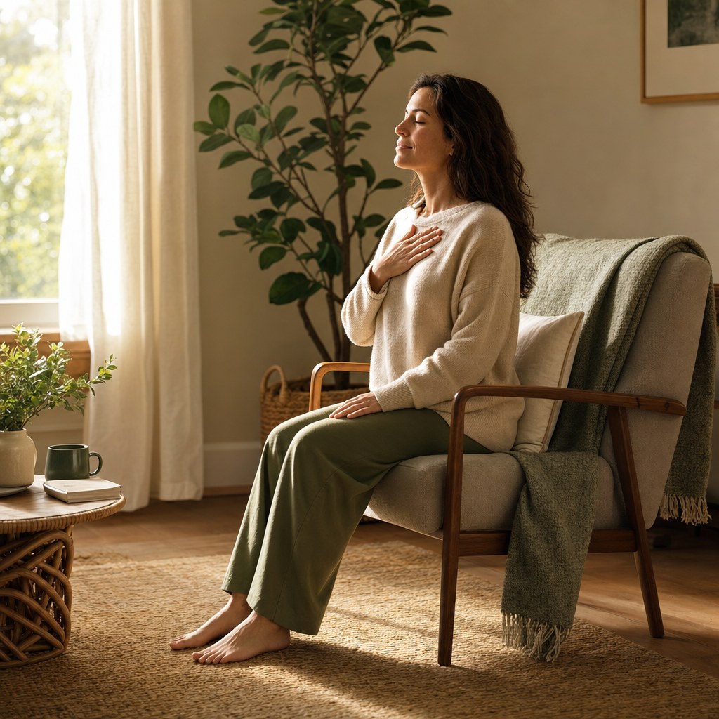 Woman sitting calmly in a sunlit room