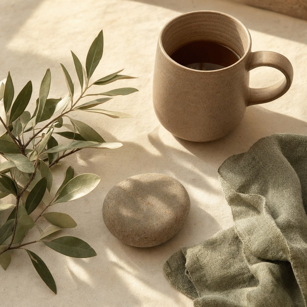 Ceramic mug, smooth stone, linen, and leafy branch on a cream table