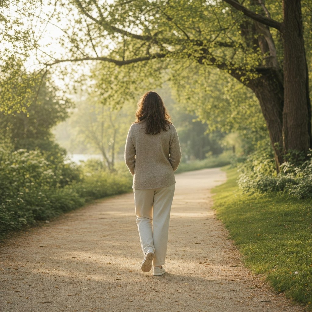 Woman walking on a quiet tree-lined path