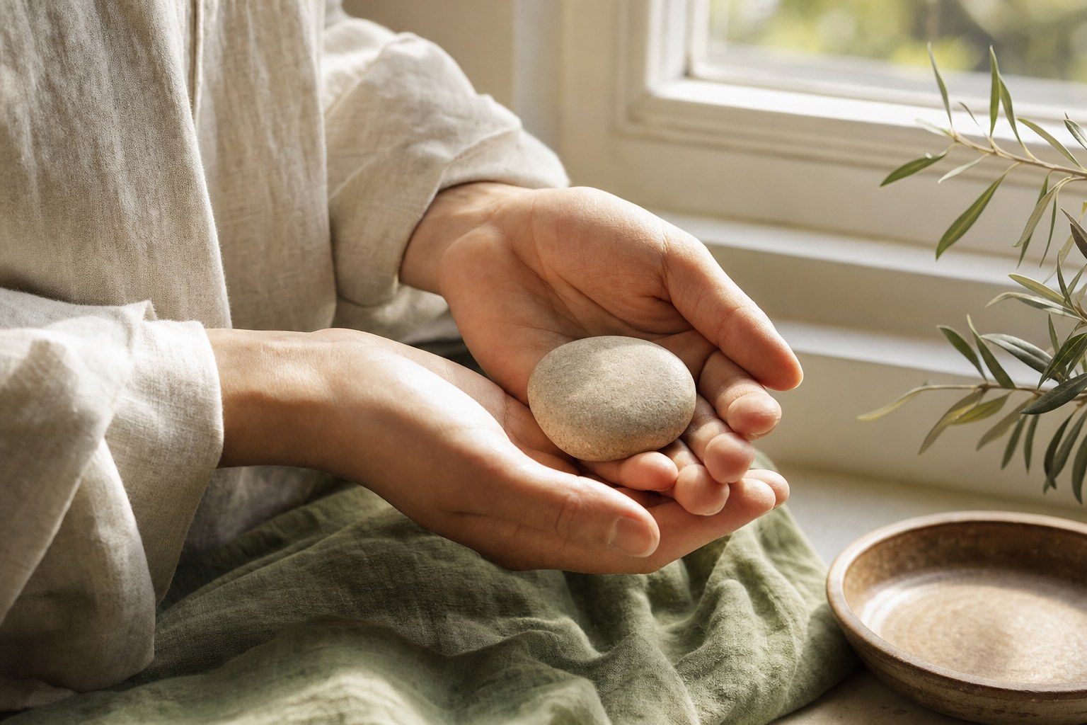 Hands holding a smooth stone near a sunlit window