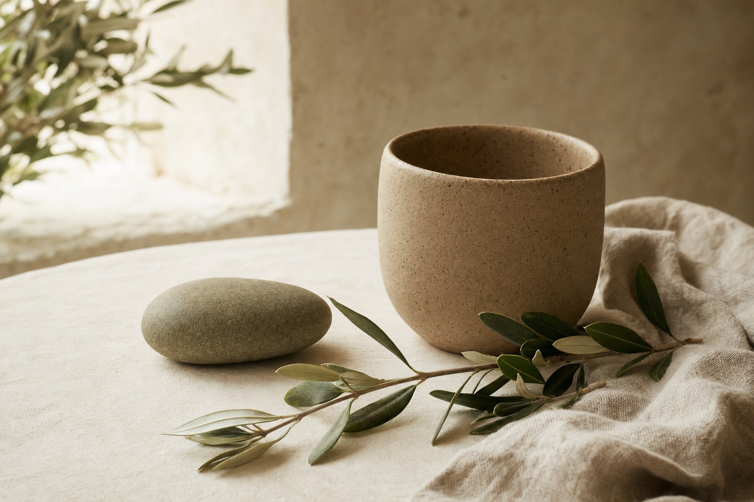 Ceramic cup, smooth stone, linen, and leafy branch in warm morning light