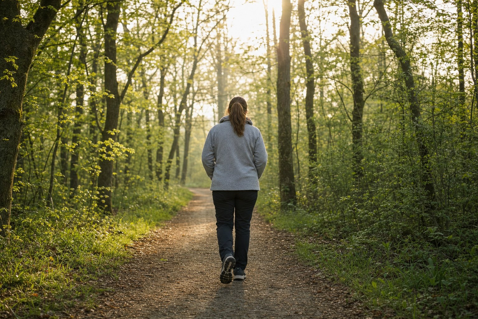 Person walking slowly on a quiet wooded path