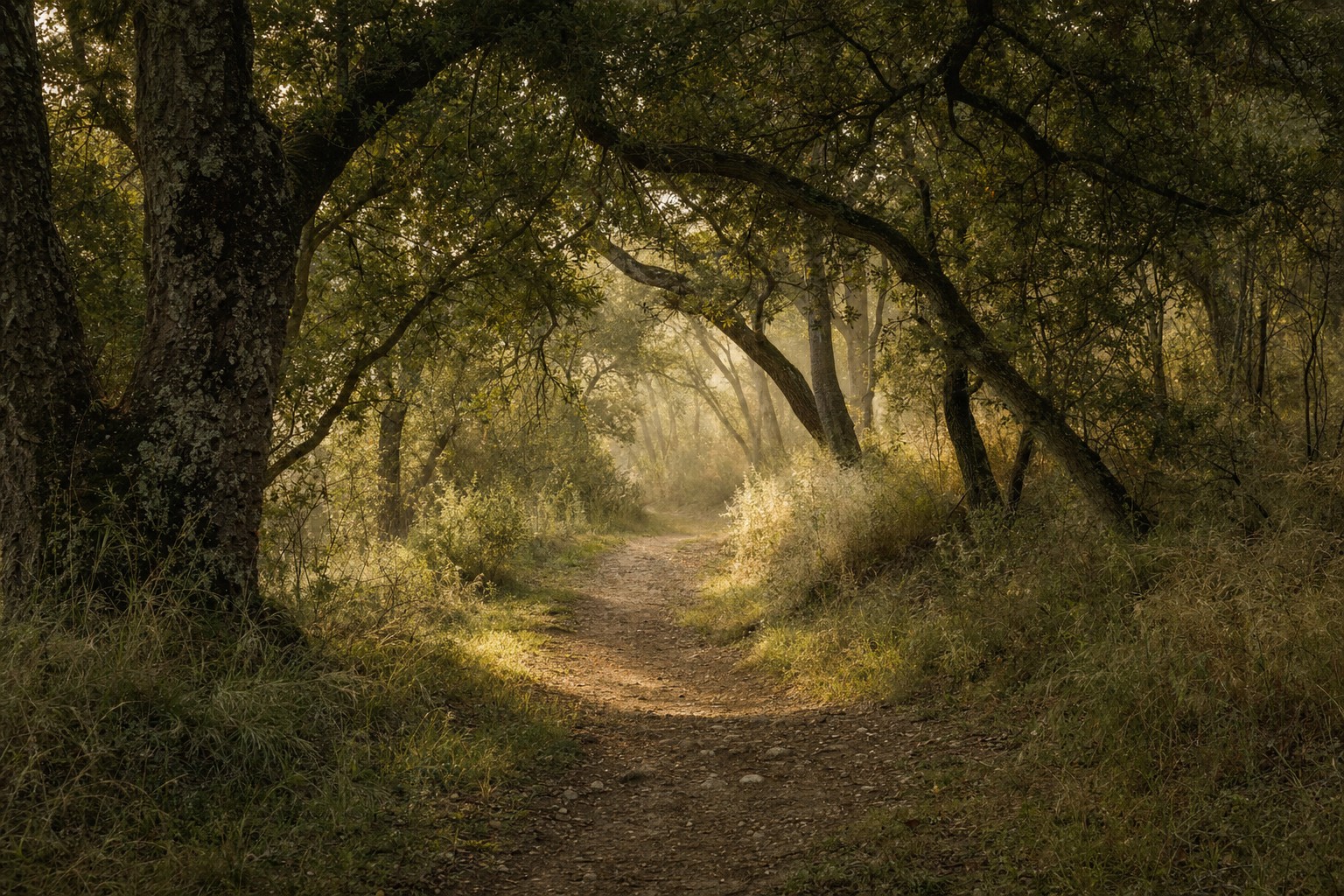 Sunlit leaves along a quiet woodland path