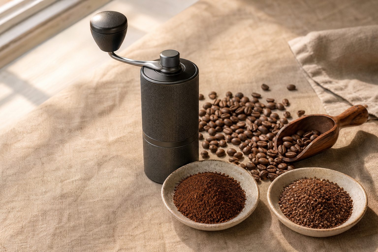 Roasted coffee beans, a hand burr grinder and dishes of fine and coarse grounds on warm linen