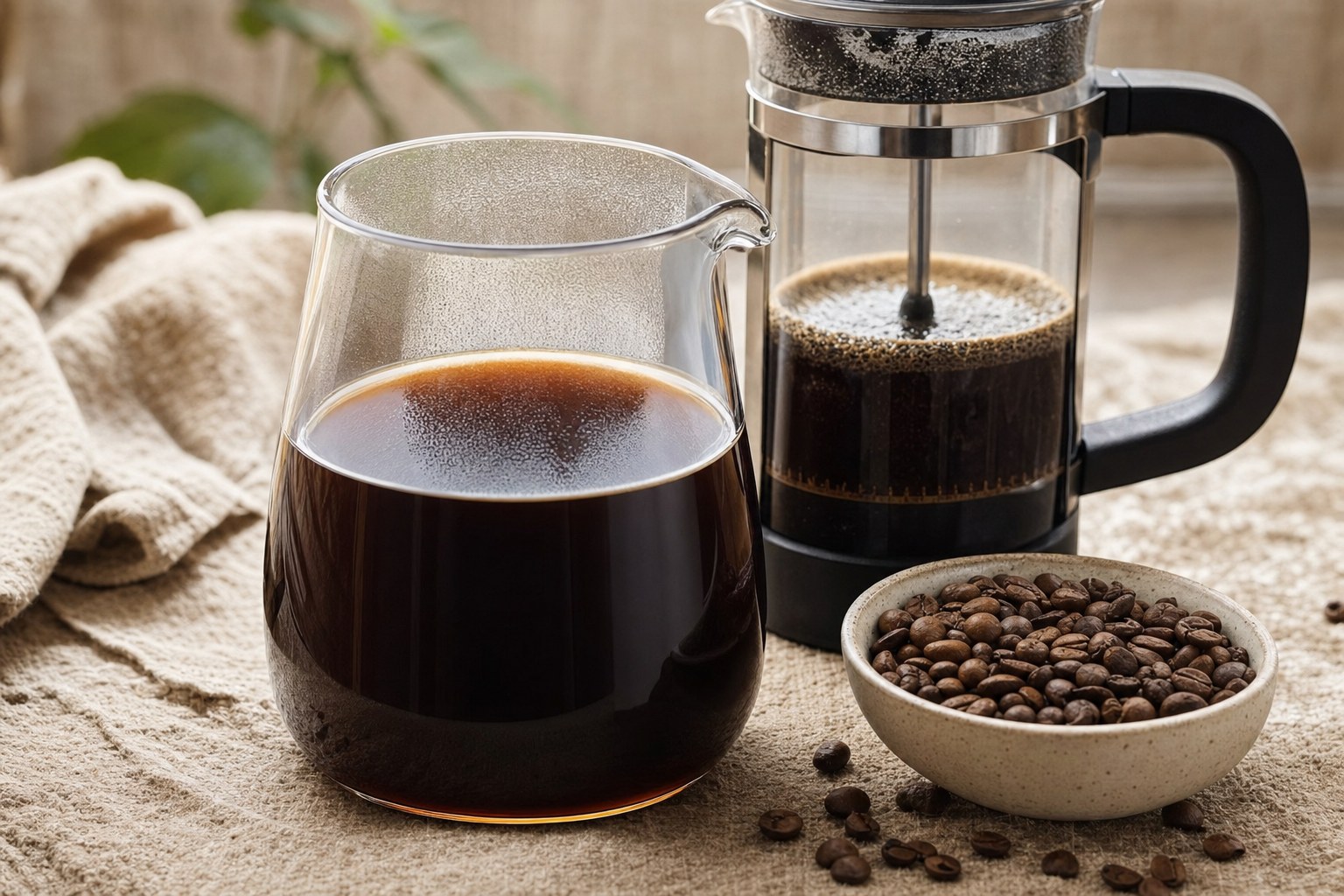 Fresh brewed coffee in a glass carafe beside a French press and roasted coffee beans