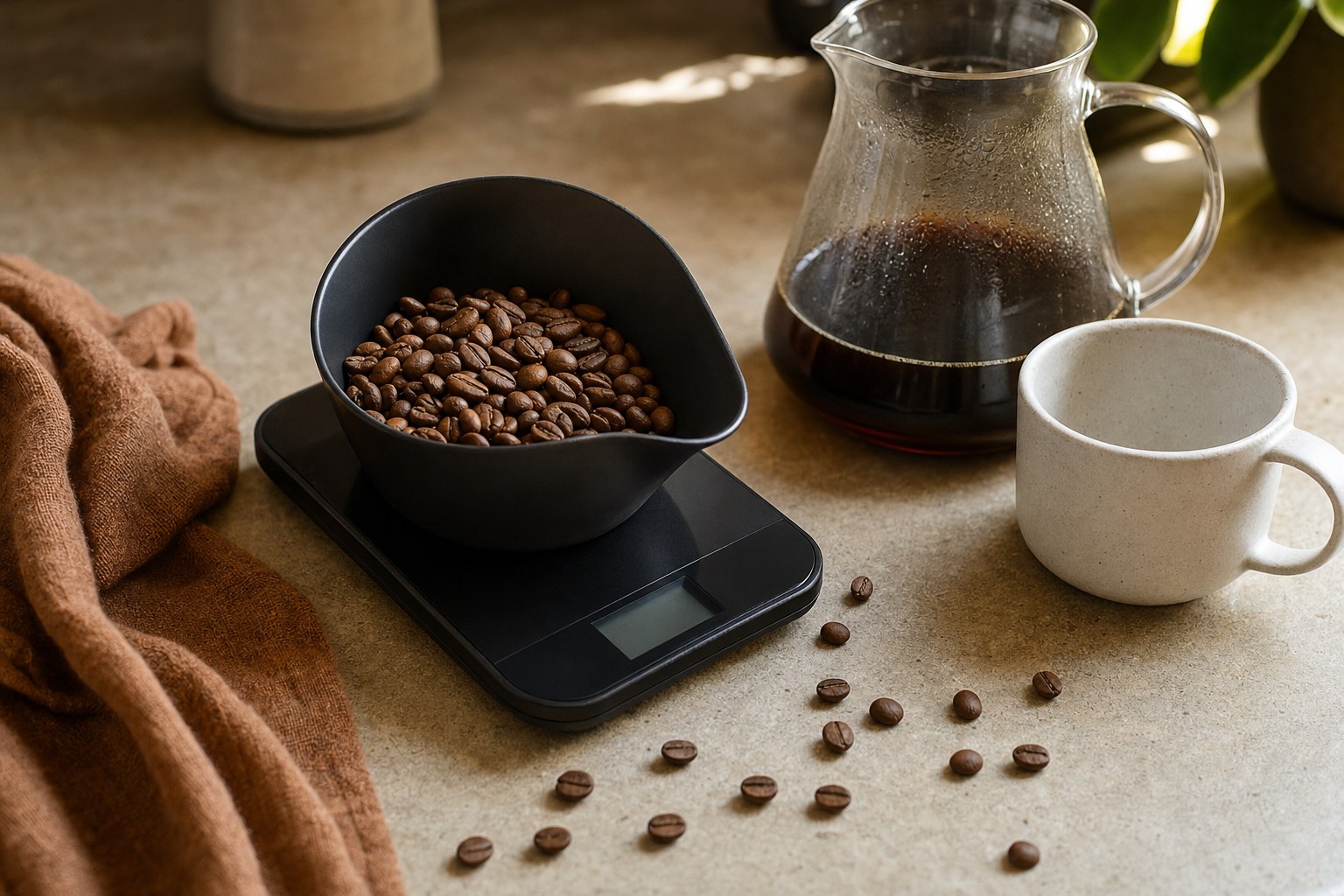 Roasted coffee beans measured on a digital scale beside a carafe and mug