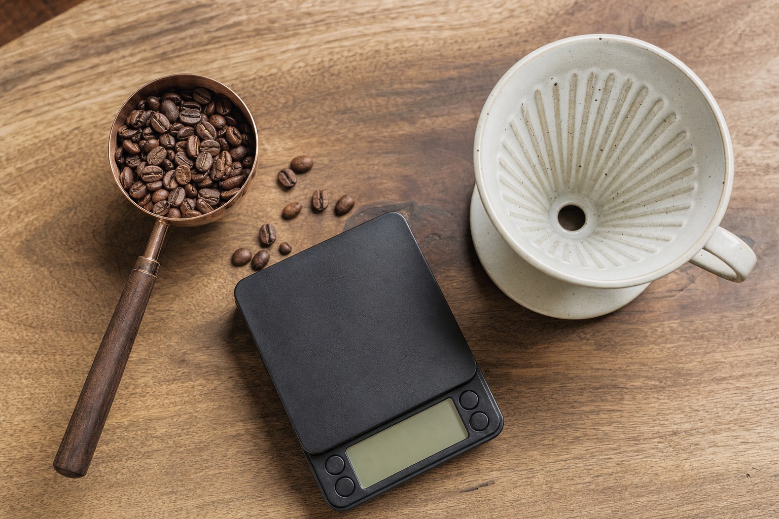 Roasted coffee beans, a digital scale and a ceramic pour-over dripper