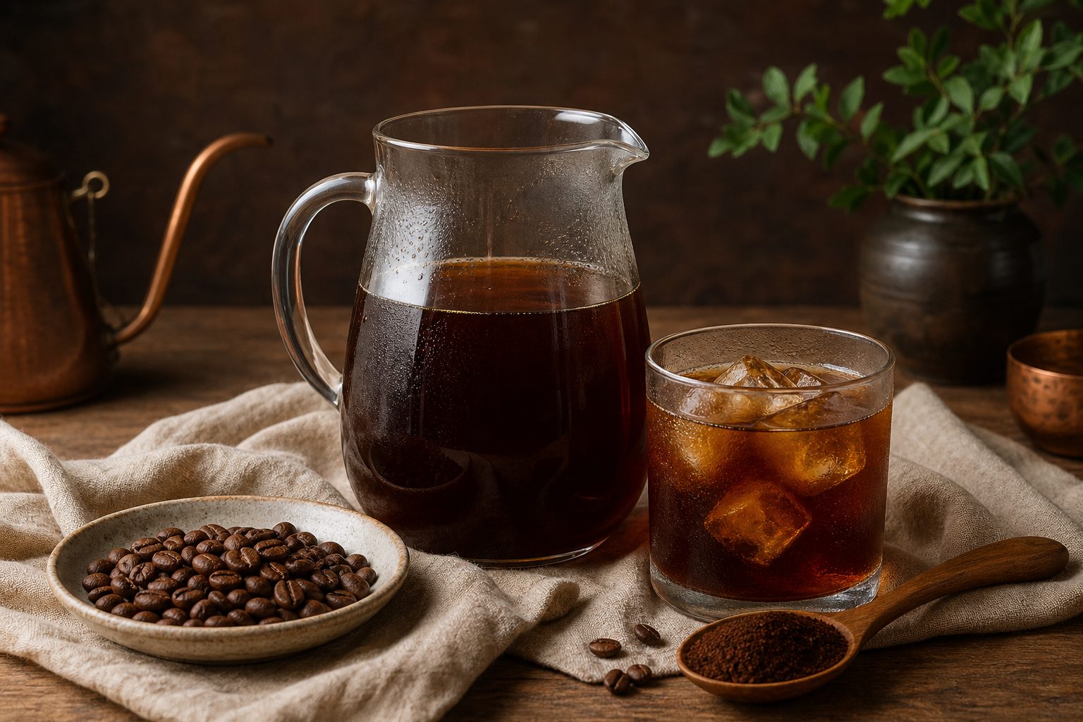 A pitcher and glass of iced cold brew beside roasted coffee beans and coarse grounds on warm linen