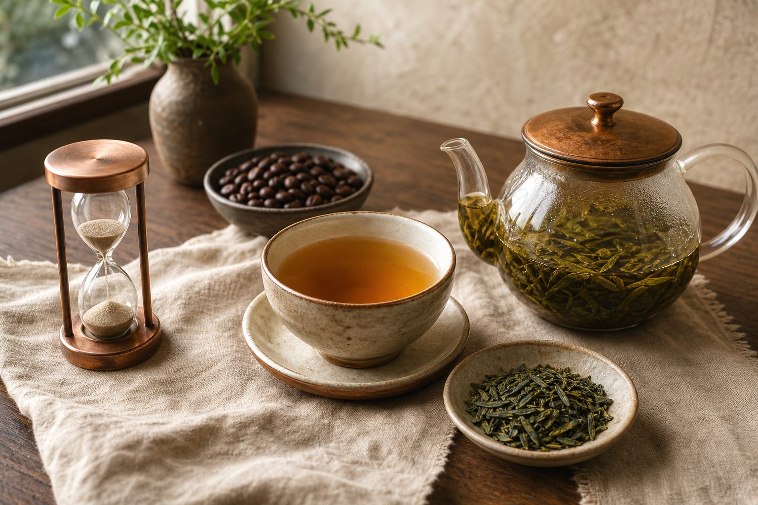 A glass teapot, amber tea, loose green tea leaves and a sand timer beside roasted coffee beans on warm linen