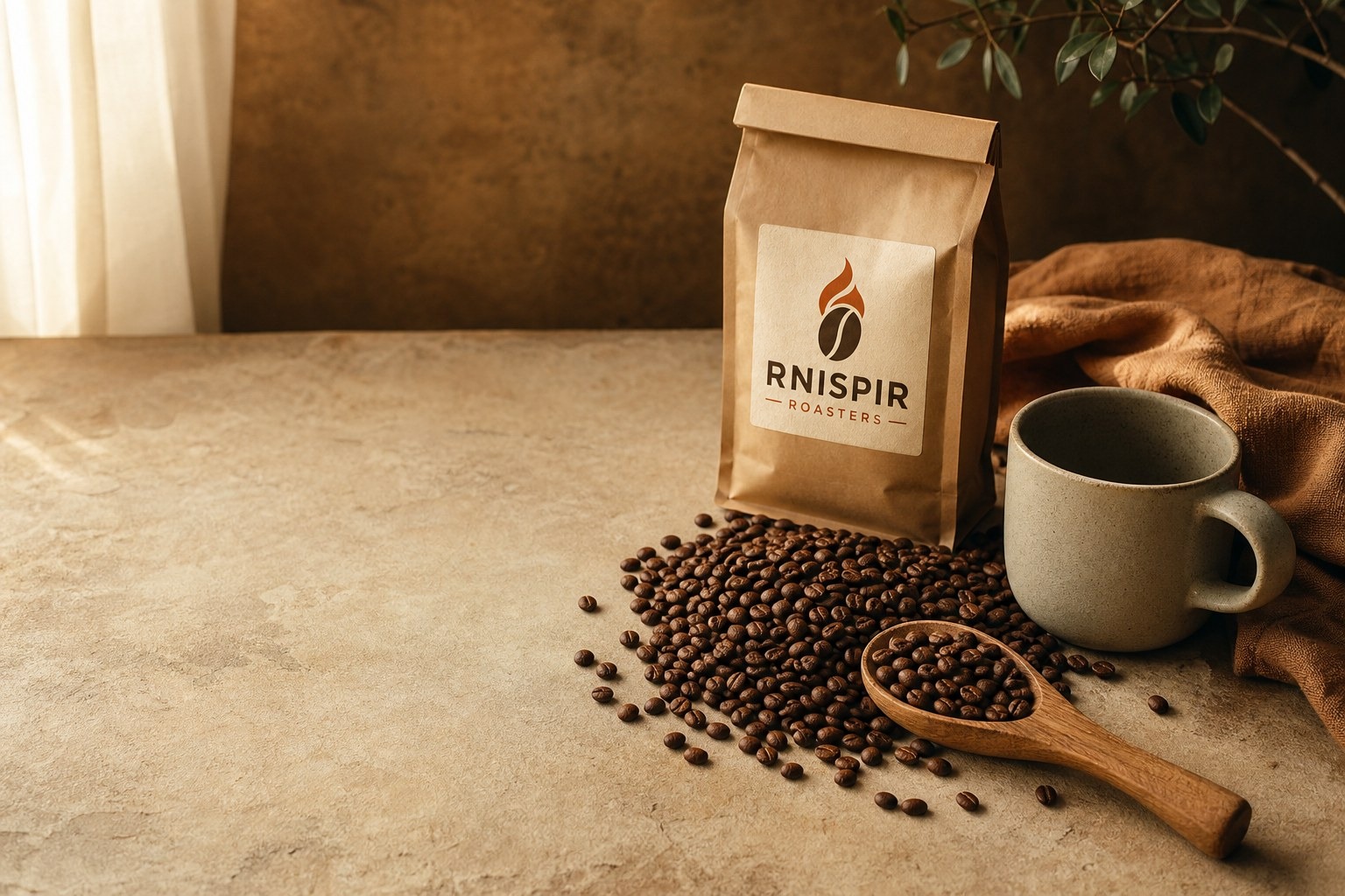 Freshly roasted coffee beans, a wooden scoop, a kraft coffee bag with the Rnispir Roasters logo and a ceramic mug on a warm tabletop