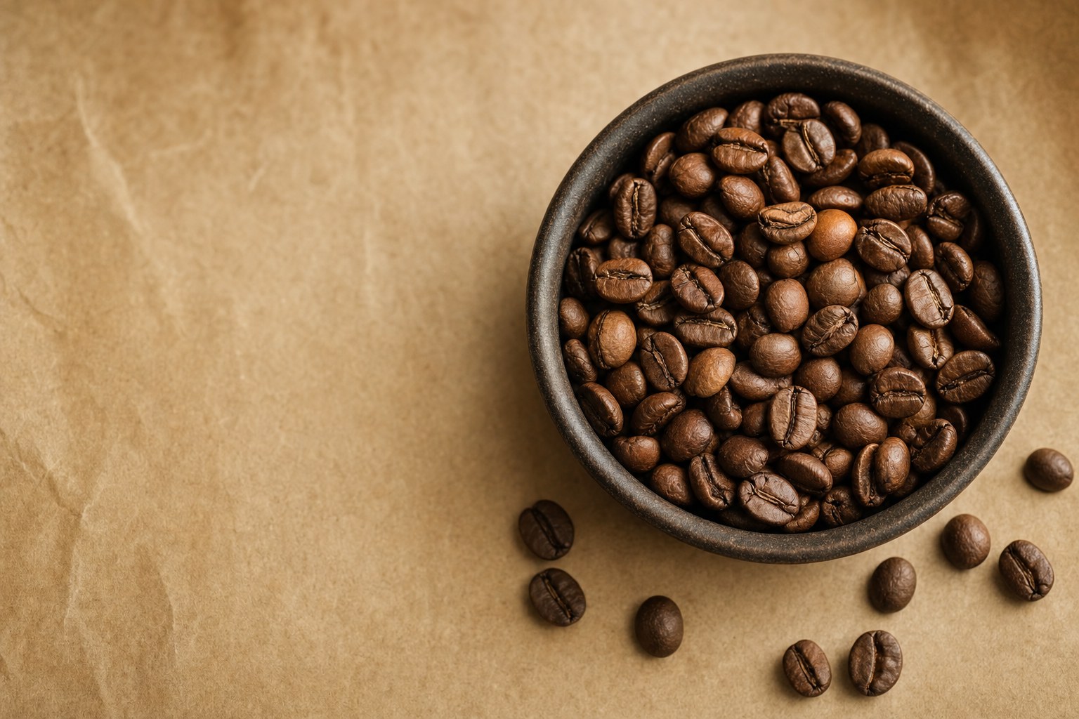 Freshly roasted coffee beans in a dark ceramic bowl