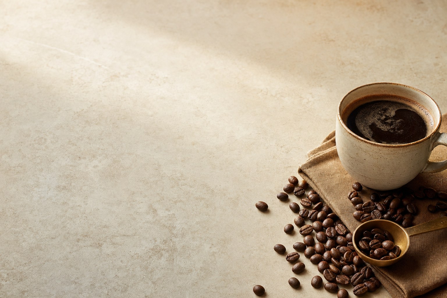 Coffee cup and beans in warm morning light