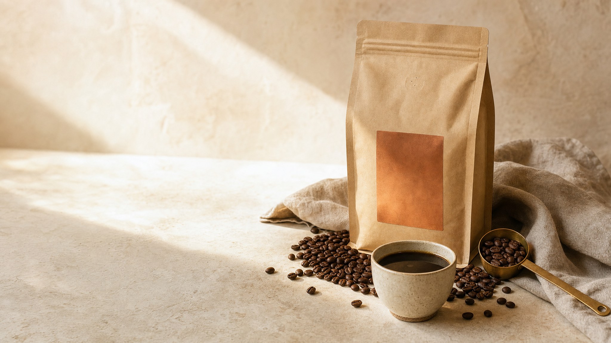 Coffee cup, beans and linen in warm morning light