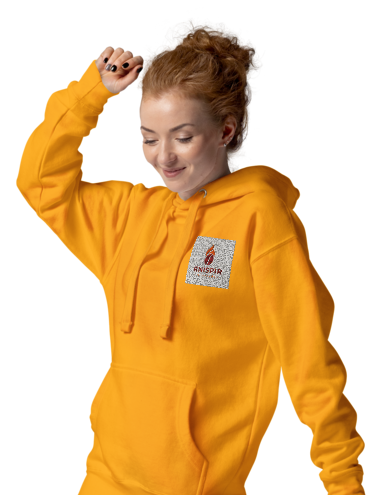 Model wearing a gold Rnispir Roasters hoodie, cropped to her face and upper body