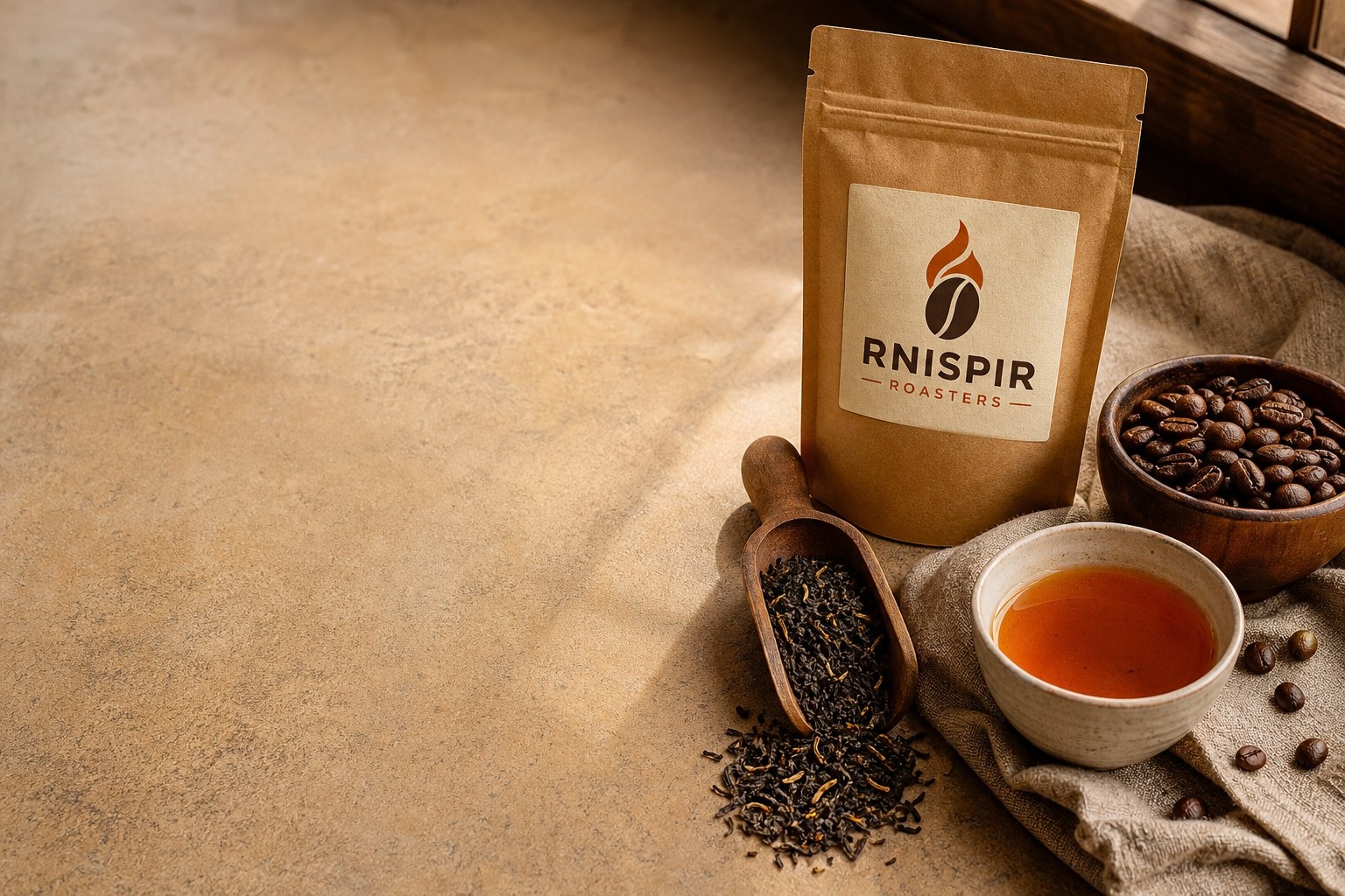 A small kraft bag with the Rnispir Roasters logo, loose tea leaves in a wooden scoop, a cup of amber tea and roasted coffee beans on warm linen