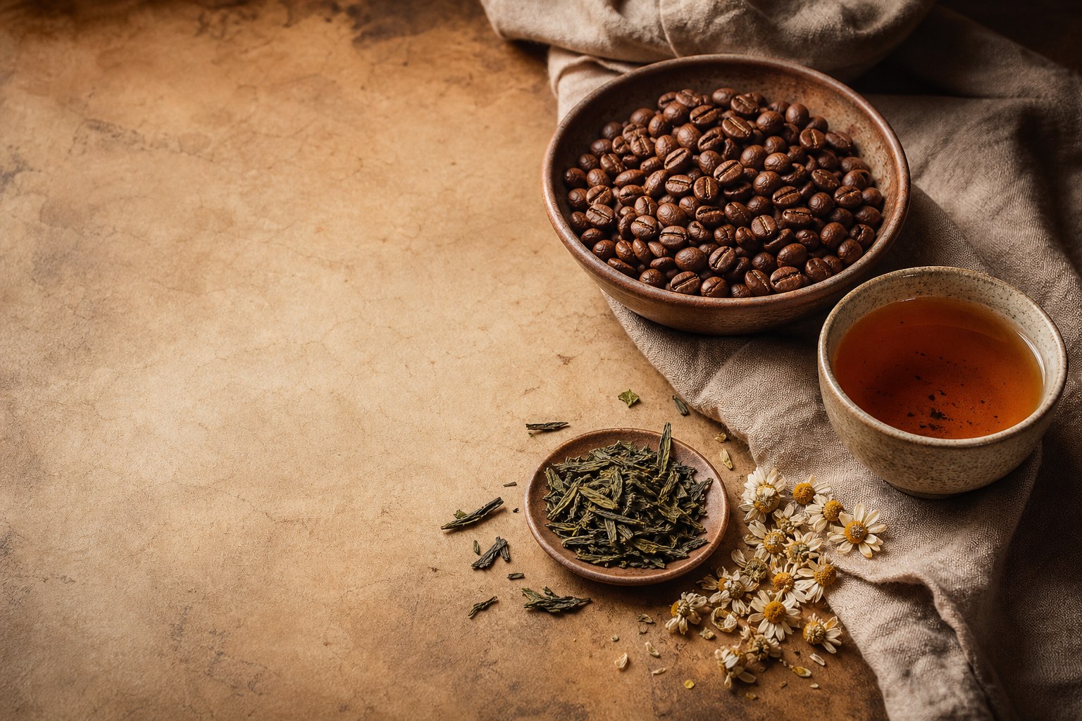 Roasted coffee beans beside a cup of amber tea, loose tea leaves and chamomile on warm linen