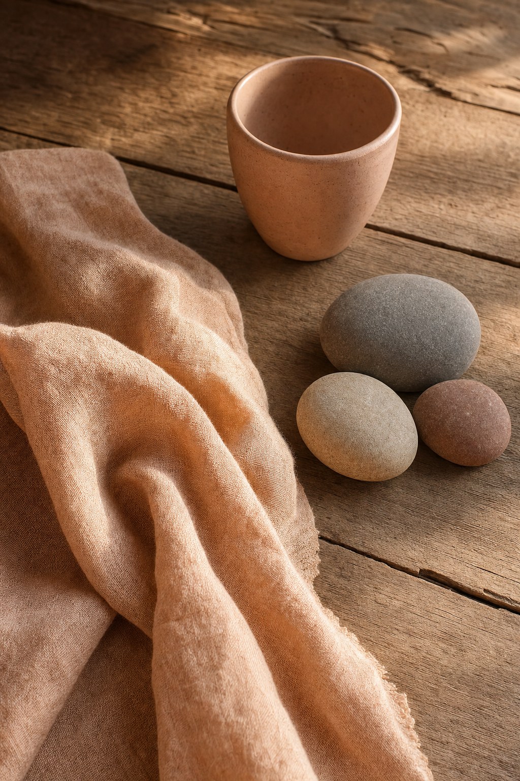 Smooth stones, a ceramic cup, and soft linen on a wooden table