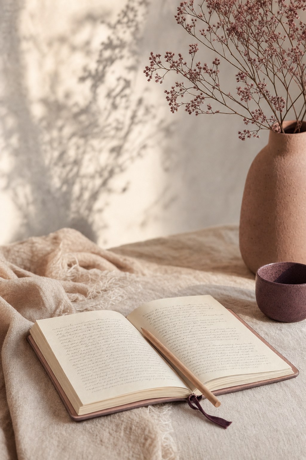 Open journal, pencil, and ceramic cup in warm natural light