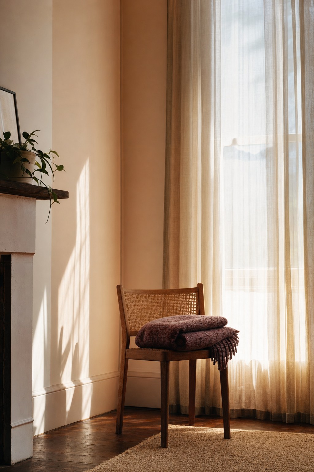 Sunlit chair beside a window with a folded blanket