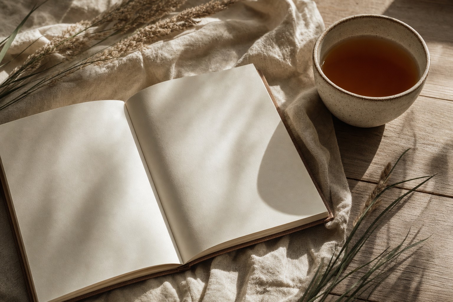 Offenes Notizbuch und Tee im warmen Sonnenlicht