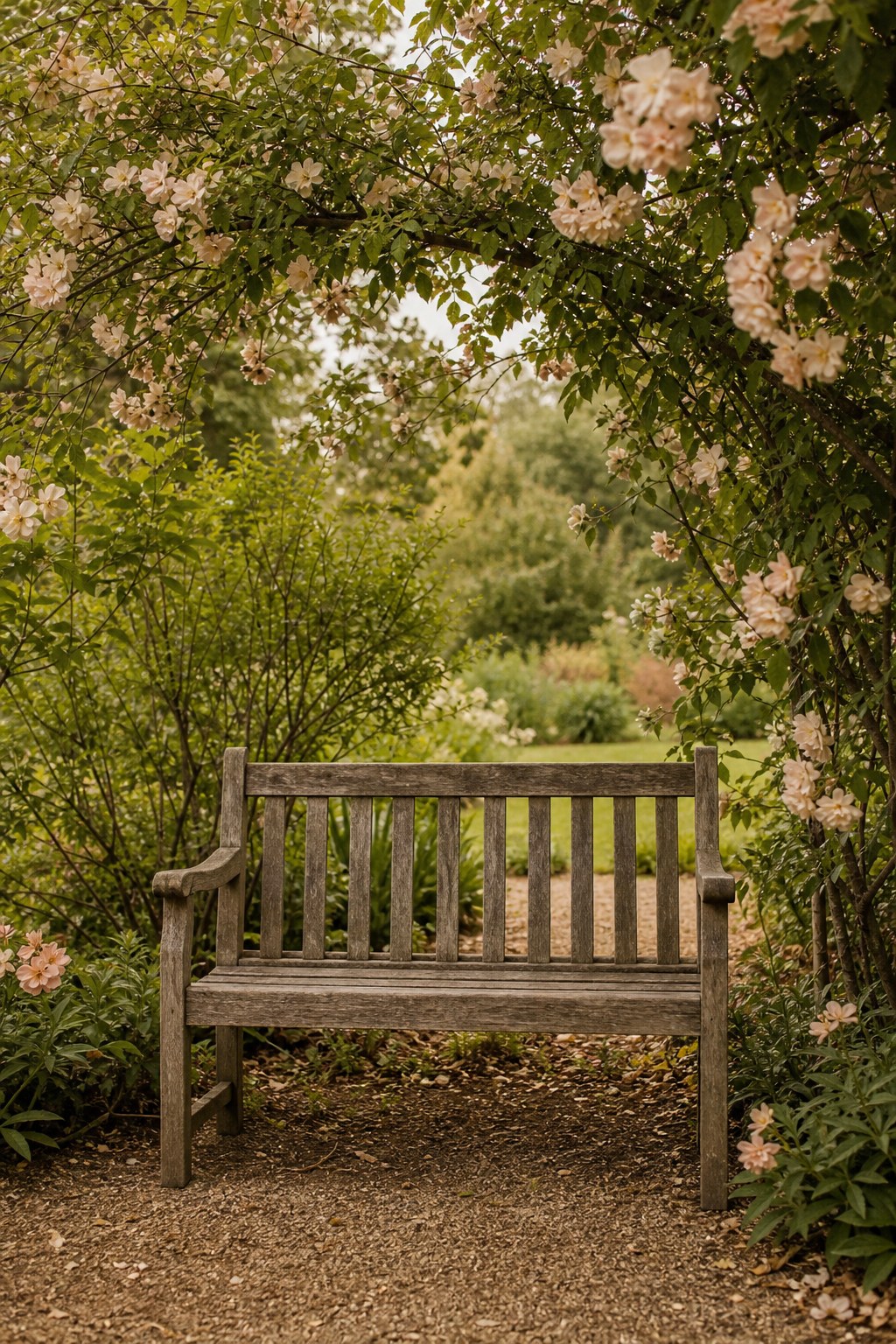 Eine Holzbank unter blühenden Zweigen in einem ruhigen Garten.