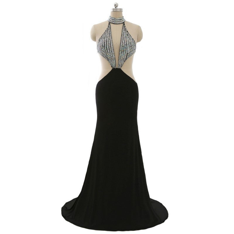 Black Darius Cordell pageant gown with a crystal-beaded halter bodice