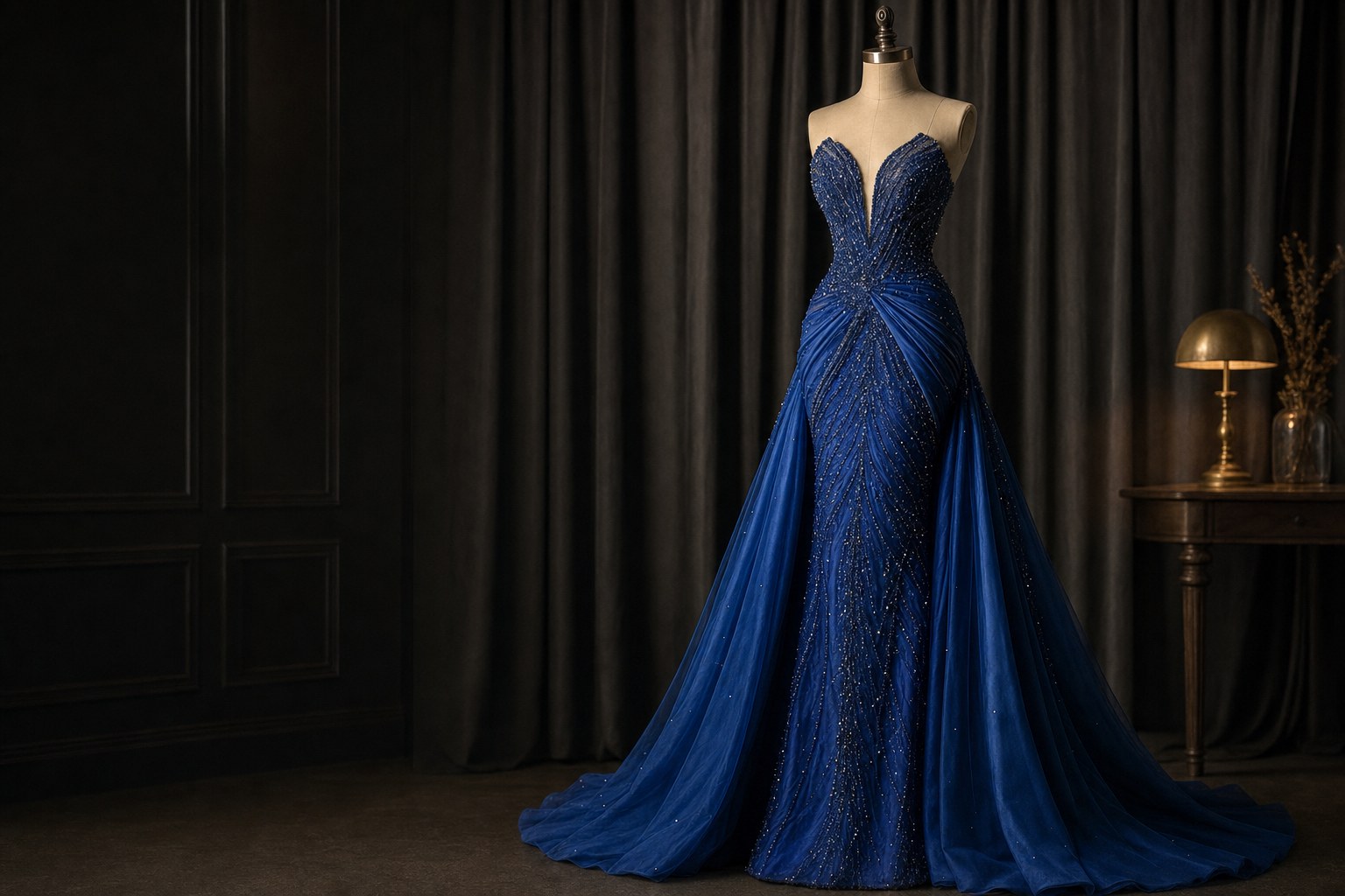 Sapphire beaded couture gown displayed on a dressmaker form