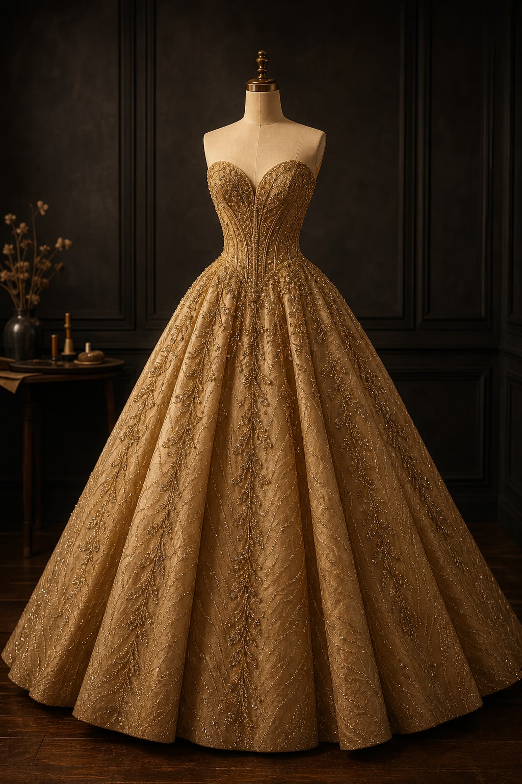 Antique gold beaded ball gown on a dress form