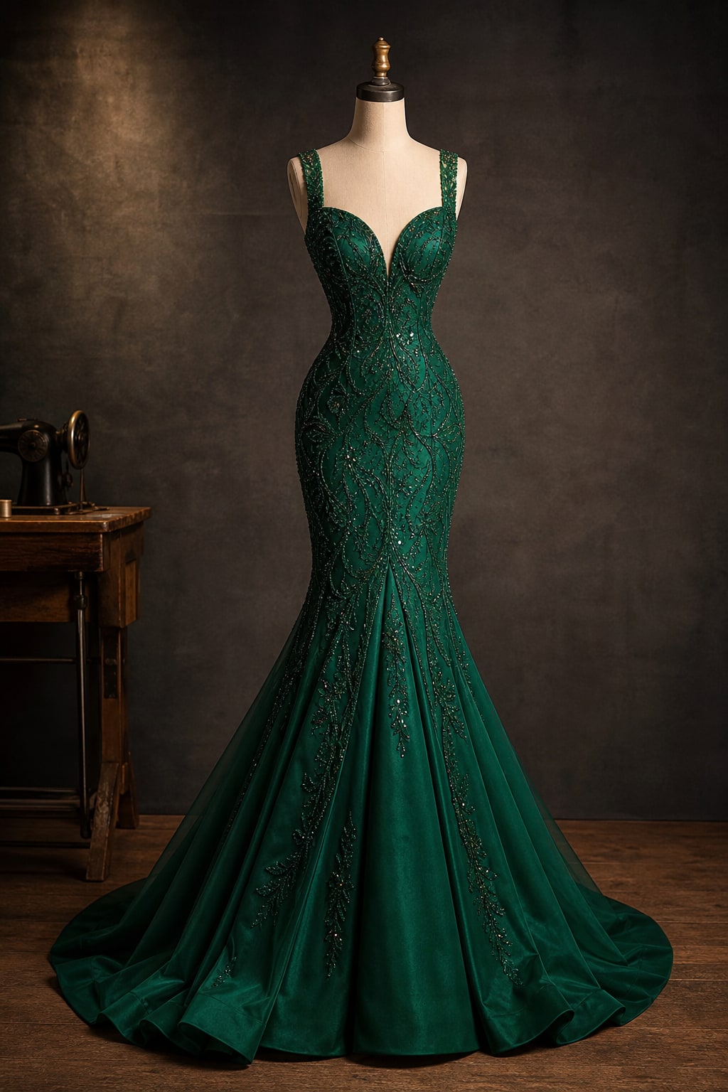 Emerald beaded fit-to-flare pageant gown on a dress form