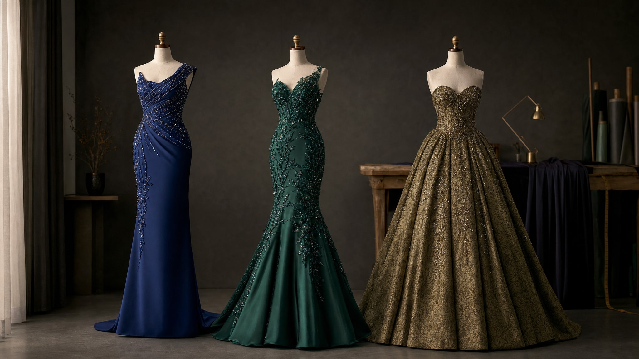 Three beaded pageant gowns in column, fit-to-flare, and ball gown silhouettes